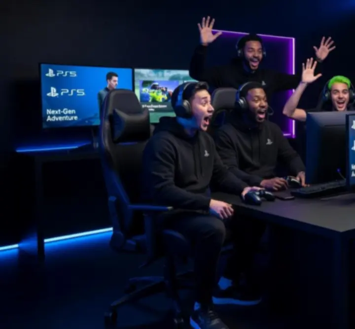 Gamer közösség reakcióit jelképező futurisztikus kompozíció