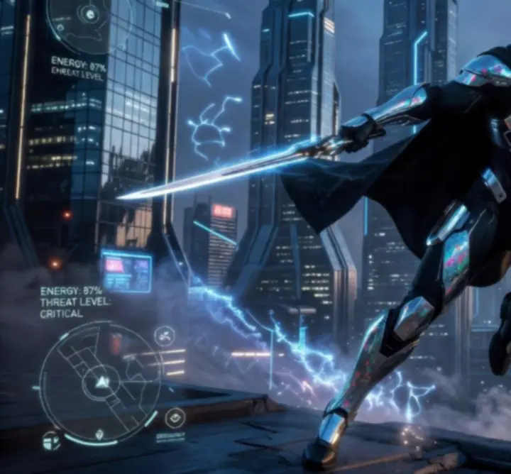 Cinematikus PS5 akciójáték trailer jelenet, futurisztikus hős közelről