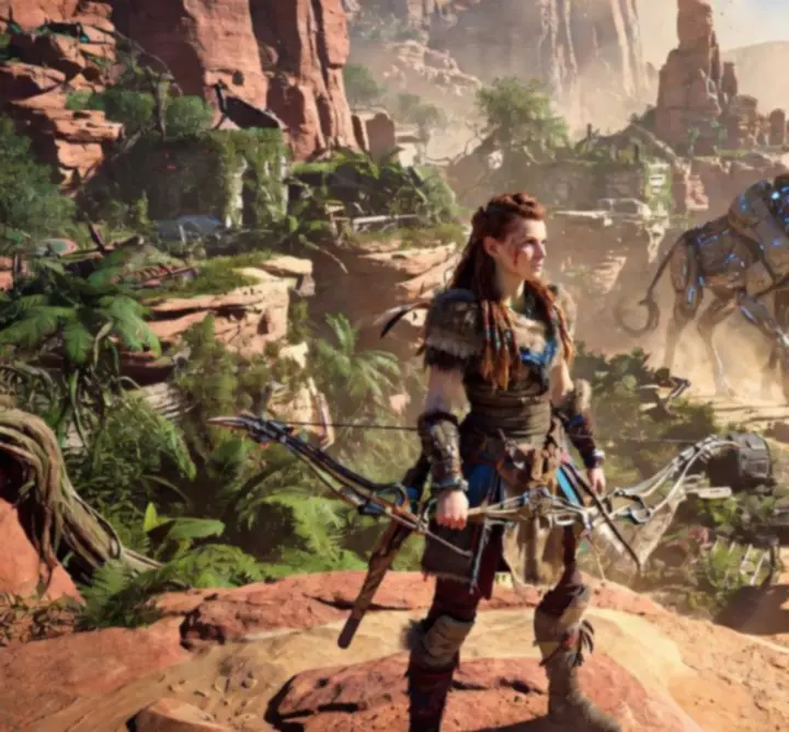 Horizon Forbidden West látványos nyugati táj Aloyjal az előtérben