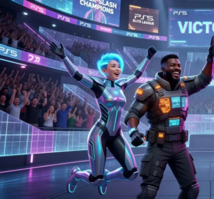 PS5 multiplayer csapat neonfényes arénában