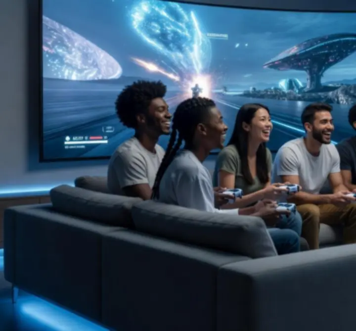 PlayStation 5 multiplayer jelenet több játékos karakterrel neonfényes arénában