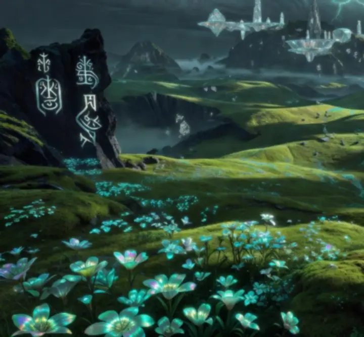 Fantasy open-world táj lebegő szigetekkel és misztikus fénnyel