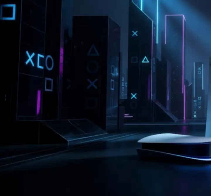 Cinematic PlayStation 5 játék jelenet futurisztikus fényekkel