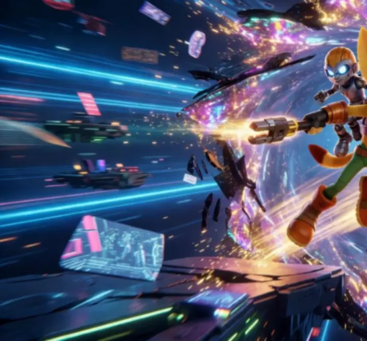 Ratchet & Clank: Rift Apart intenzív akció jelenet dimenziókapuval